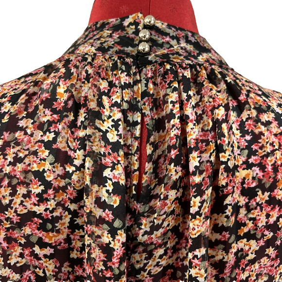 H&M Floral Top Blouse Vintage 80's Look Pink Yellow Black Silky Floral Size M - Picture 6 of 11
